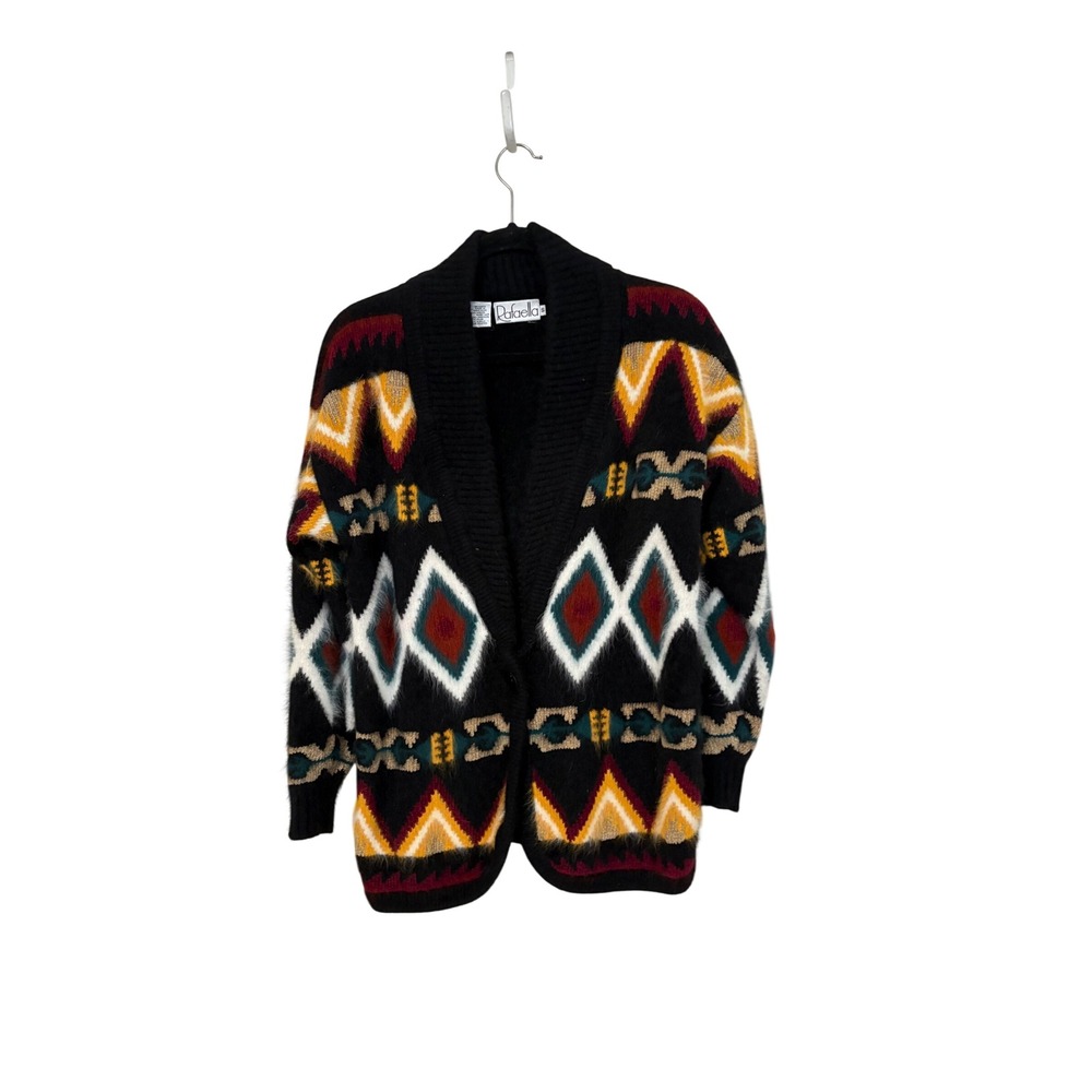 Rafaella Vintage Angora Lambswool Blend Geometric Southwestern Cardigan Black S